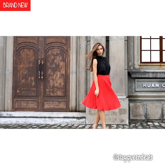 High Elastic Waist Pleated Chiffon Midi Skirt A-Line Swing - Picture 7 of 7